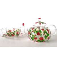 Erdbeeren Tee Set Handbemalt Infusing Teekanne Tasse Mit Untertasse Zauberhafte Glas Teetasse Geschenk Früchte Bemalt Rote von GlassBayStudio