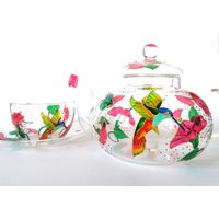 Geschenk Für Mutter Kolibri Handbemalte Klarglas Teekanne Und Tasse Set Tee Blumen von GlassBayStudio