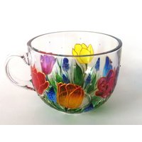 Handbemalter Glasbecher Bunte Tulpen Design Kaffeetasse Teetasse Latte Tasse Bemalt Florale Glastasse von GlassBayStudio