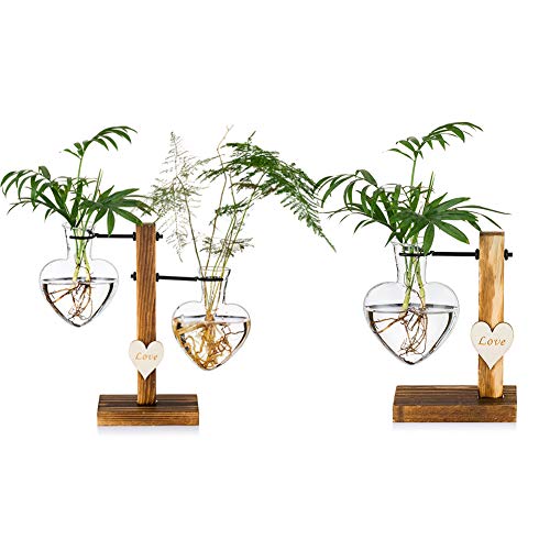 2 Stück Glasknospenvase Mit Holzständer, Moderne Herzglas-Hydroponikvasen, Vermehrungsstation Desktop-Pflanzgefäß-Glühbirnenvase Für Die Dekoration Im Hausgartenbüro (3 Herzvasen) von Glasseam