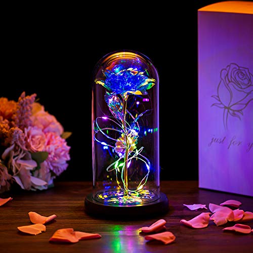 Die Schöne Und Das Biest Rose In Glaskuppel LED-Lichter Kristallrose Blumen Geschenk Zum Geburtstag Jubiläum Valentinstag Hochzeit Freundin Frau Frauen (Blau) von Glasseam