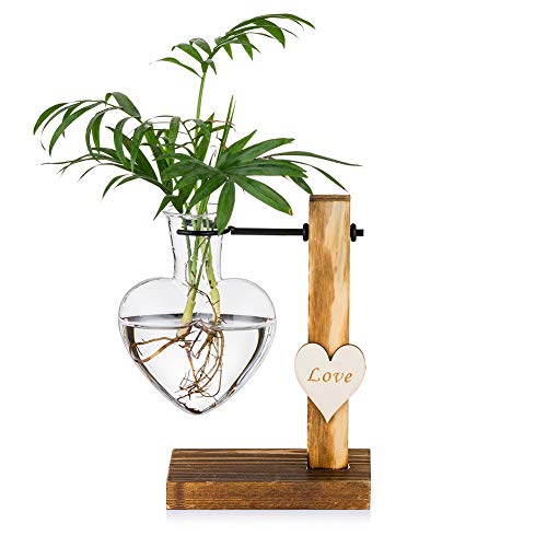 Glasknospenvase mit Holzständer, kreative Hydroponische Glasvasen mit einem Herzen, Moderne Pflanzenvermehrungsstation Desktop-Pflanzgefäßbirne von Glasseam