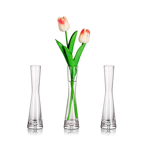 Glasseam Blumenvase Modern Glasvasen Schmal: 3er 20cm Hoch Blomus Vase Glas Set Handmade Schmale Vasen Tischdeko Wohnzimmer Esstisch Tulpenvase Dekovase für Pampasgras Tulpen Rose Hochzeit Deko von Glasseam