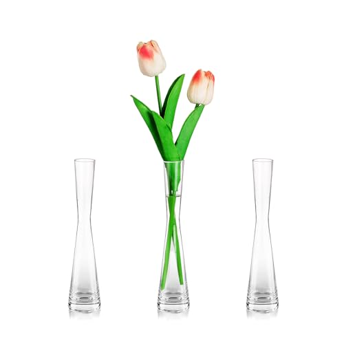 Glasseam Blumenvase Modern Glasvasen Schmal: 3er 20cm Hoch Blomus Vase Glas Set Handmade Schmale Vasen Tischdeko Wohnzimmer Esstisch Tulpenvase Dekovase für Pampasgras Tulpen Rose Hochzeit Deko von Glasseam