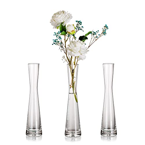 Glasseam Blumenvase Modern Glasvasen Schmal: 3er 24.5cm Hoch Blomus Vase Glas Set Handmade Schmale Vasen Tischdeko Wohnzimmer Esstisch Tulpenvase Dekovase für Pampasgras Tulpen Rose Hochzeit Deko von Glasseam