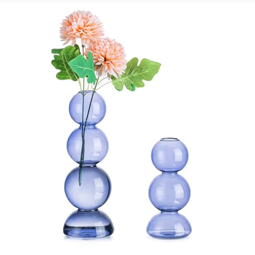 Glasseam Bubble Vase Rund, 2 Stück Moderne Glasvasen für Tischdeko, Chic Blumenvasen Blass Blaue Vase, Kreative Kugelvase Glas Vasen Hydroponic Design, Rosenvase Deko Vasen Set für Wohnzimmer Büro von Glasseam
