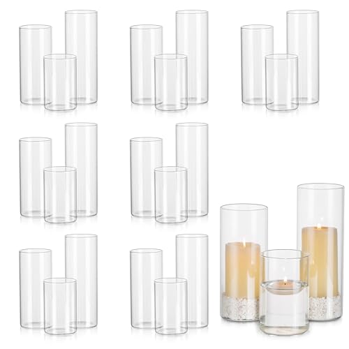 Glasseam Deko Kerzenhalter Stumpenkerzen Set, Durchsichtig Zylinder Kerzenständer Glas Vasen 24er, Windlicht Glaszylinder mit Boden für Blockkerzen Votivkerzen Schwimmende Kerzen Hochzeit Dekorations von Glasseam