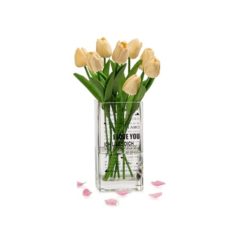 Glasseam Deko Vase Glas Glasvase Eckig Liebe Dich Geschenke für Frauen Blumenvase Satz von 1 Modern Glasvasen für Tischdeko Tulpen Blumen Vasen Hochzeit Tulpenvase Blumenvasen Mama Geschenke von Glasseam