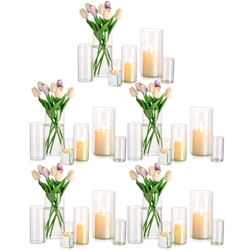 Deko Vase Glas Zylinder Tischdeko: Glasseam 10 Satz Blumen Vasen Set Modern Glasvase Rund Glaszylinder Blumenvase Tulpenvase Tischvase Fuer Hochzeit Wohnzimmer Tulpen Rose, 10/15/20cm Hoch von Glasseam