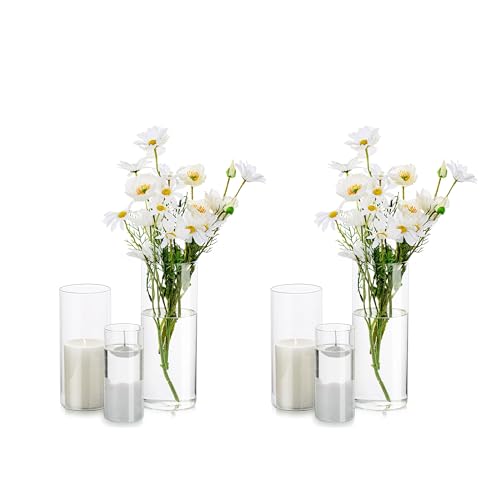 Glasseam Deko Vase Glas Zylinder Tischdeko 2 Satz Blumen Vasen Set Modern Glasvase Rund Glaszylinder Blumenvase Tulpenvase Tischvase Fuer Hochzeit Wohnzimmer Tulpen Rose, 15/20/25cm Hoch von Glasseam