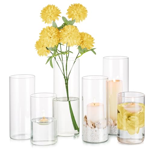 Glasseam Deko Vase Glasvase, Schöne Blumenvasen Set 6 Stück, 10/15/20cm Hoch Zylindervasen Glas Vase Tulpen Vase Durchsichtig für Wohnzimmer Deko Modern Kerzenhalter Blumen Vasen Wedding Decoration von Glasseam