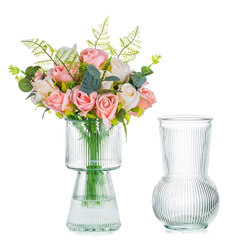 Glasseam Deko Vase Rillen, Einzigartige Blumenvase Modern Vasen Set von 2, Einzigartige Glasvasen für Tischdeko, Aesthetic Vase Glas Dekovase, Dekorative Tischvase für Wohnzimmer Büro Hochzeit von Glasseam