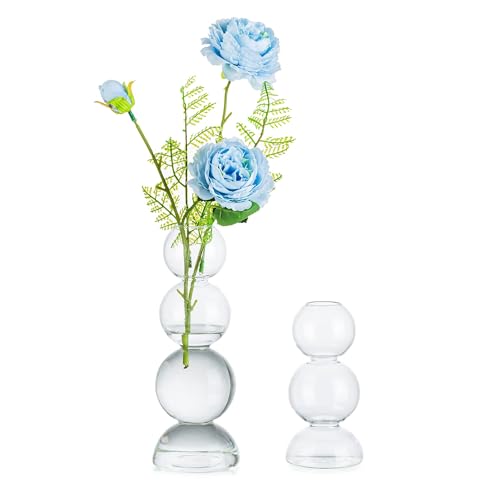 Glasseam Einzigartige Blumenvase 2er Set, niedliche kleine Glasvasen für Blumen, moderne klare Vasen für Dekor, ästhetische Einzelknospenvase, runde dekorative Blasenkugel-Vase für von Glasseam