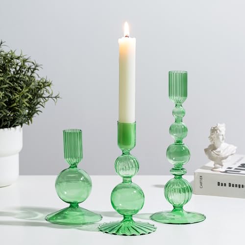 Glasseam Glas Kerzenständer Stabkerzen Grün: 3er Set Bunt Kerzenhalter Stabkerze Farbig Stabkerzenhalter für Tisch Deko Modern Kerzenständer Weihnachten für Wohnzimmer Esstisch Dekoration von Glasseam