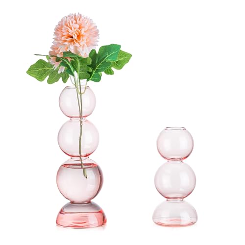 Glasseam Glas Vase Rosa, Aesthetic Deko Vasen Set 2, Kreative Glasvase Rund Bubble Design, Bunte Blumenvasen Modern Kugelvase, Abstrakt Blumenvase Dekovase für Wohnzimmer Badezimmer Schlafzimmer von Glasseam
