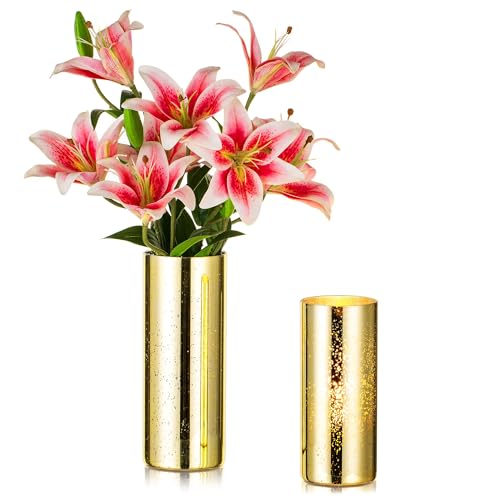 Glasseam Glasvase Zylinder Vase Gold, Deko Vasen Glas 2 Stück, Mercury Goldene Vase für Tulpen Rose Hochzeit Tischdeko, Dekovase Blumenvase Modern Kerzenhalter, Zylindervasen Glas für Wohnzimmer Deco von Glasseam