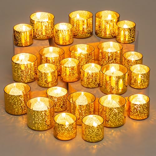 Glasseam Gold Kerzengläser Teelichthalter Set 24er, Kerzenglas Zylinder Bulk, Mini Kerzenhalter Glas für Home Tischdeko, Teelichtgläser Weihnachten Crackle Teelicht Gläser für Hochzeit Party von Glasseam