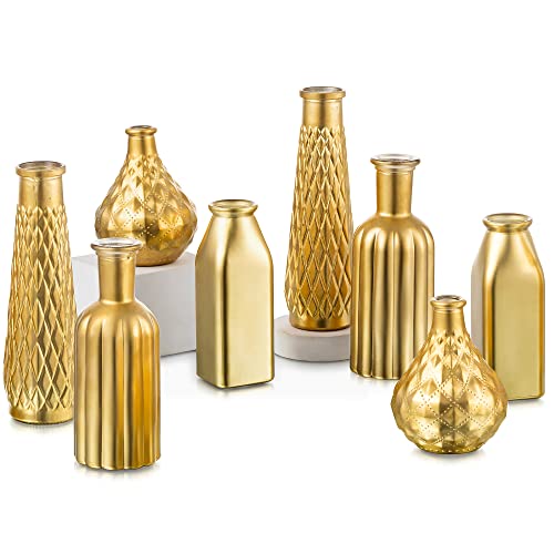 Glasseam Goldene Vase Glas, 8er Vasen Set, Deko Vase Klein, Aesthetic Kleine Vasen für Tischdeko Hochzeit Dekoration, Gold Blumenvase Modern Glasvasen für Weihnachten Geburtstag Tischplatten von Glasseam