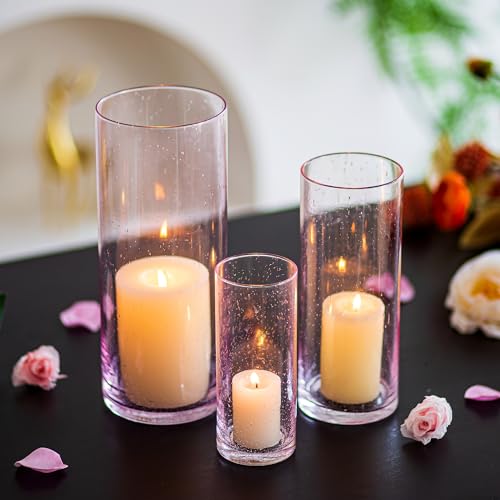 Glasseam Kerzenhalter Stumpenkerzen 3er Set, Blau Kerzenständer Glas Windlichter, Blumenvase Modern Kerzengläser für Hochzeit Deko, Glaszylinder Windlicht Weihnachten für Wohnzimmer Tafelkerzen von Glasseam