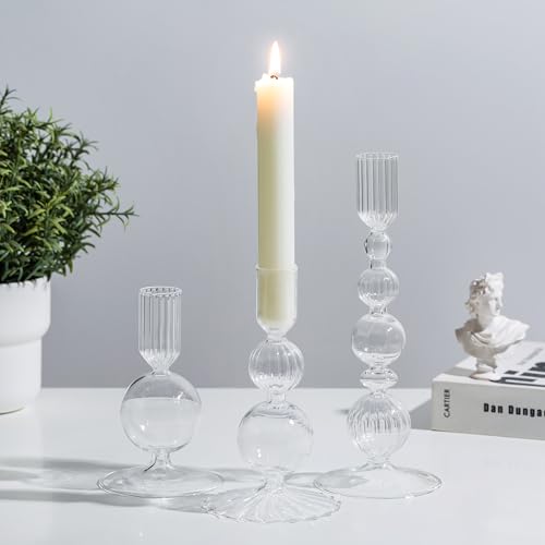 Glasseam Kerzenständer Glas Stabkerzenhalter Klar: 3er Set Kerzenhalter Stabkerze Bunt Deko Kerzenhalter für Stabkerzen Farbig Kerzenständer Stabkerze für Wohnzimmer Esstisch Deko von Glasseam