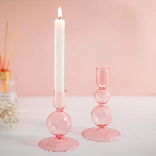 Glasseam Kerzenständer Glas Stabkerzenhalter Rosa: 2er Set Kerzenhalter Stabkerze Bunt Deko Kerzenhalter für Stabkerzen Farbig Kerzenständer Stabkerze für Wohnzimmer Esstisch Deko von Glasseam