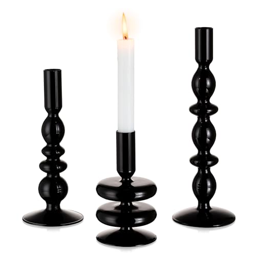 Glasseam Kerzenständer Schwarz Stabkerzenhalter, 3er Set Kerzenhalter Glas, Chic Kerzenständer Weihnachten für Haus Deko, Kerzenhalter Stabkerzen Kerzen Ständer für Geburtstag Halloween Tafelkerzen von Glasseam