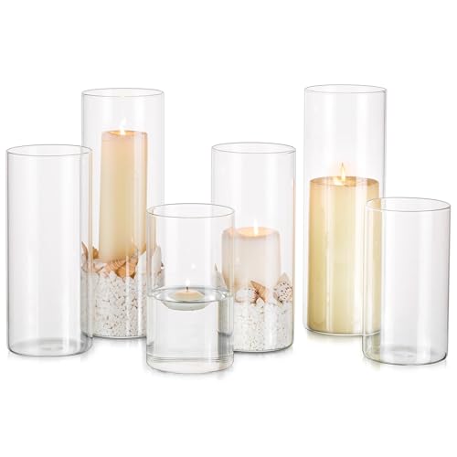 Glasseam Kerzenständer Stumpenkerzen Schwimmkerzen Dekoration, Zylinder 6er Kerzenhalter Glas für Hochzeit Tischdeko, Glaszylinder für Kerzen Deko Home Wohnzimmer, Modern Große Vase für Pampasgras von Glasseam