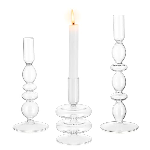 Glasseam Klar Kerzenhalter Stabkerze, 3er Set Stabkerzenhalter Glas, Modern Kerzenständer Stabkerzen für Hochzeit Tisch, Kerzenhalter Weihnachten Kerzen Ständer für Wohnzimmer Esstisch Tischdeko von Glasseam