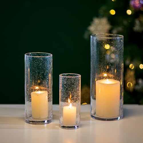 Glasseam Klar Kerzenständer Stumpenkerzen, 3er Set Windlicht Glas Gross, Chic Glaszylinder mit Boden, Kerzenhalter Weihnachten Vasen Deko für Esstisch, Kerzengläser Groß für Hochzeit Tisch Dekoration von Glasseam