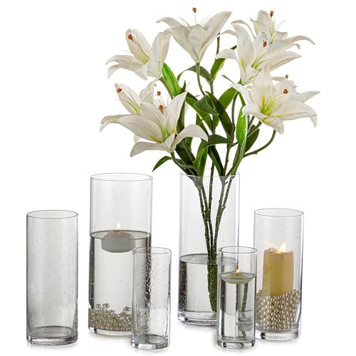 Glasseam Klar Kerzenständer Stumpenkerzen, 6er Set Windlicht Glas Gross, Chic Glaszylinder mit Boden, Kerzenhalter Weihnachten Vasen Deko für Esstisch, Kerzengläser Groß für Hochzeit Tisch Dekoration von Glasseam