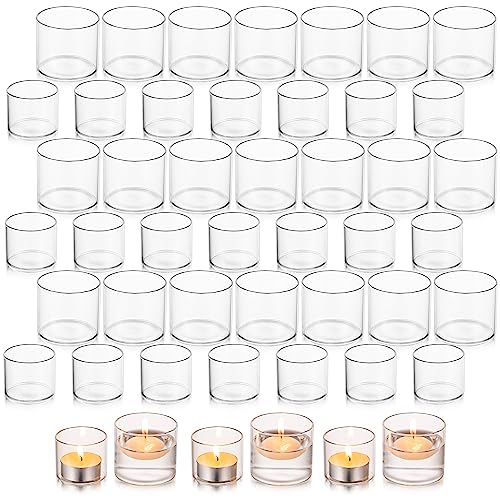 Glasseam Klar Teelichtgläser Klein Kerzengläser Satz von 48, Romantisch Teelichthalter für Hochzeit Tisch, Zylinder Dekorative Teelichter Glas Kerzenhalter Teelicht für Haus Halloween Dekoration von Glasseam