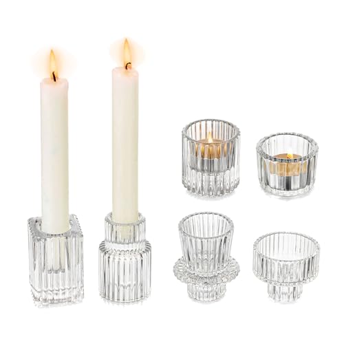 Glasseam Klar Teelichthalter Glas, Gerippt Kerzenständer Stabkerzen Satz von 6, Modern Stabkerzenhalter für Hochzeit Tisch, 2 in 1 Kerzenhalter Teelicht Gläser für Weihnachten Home Party Deko von Glasseam