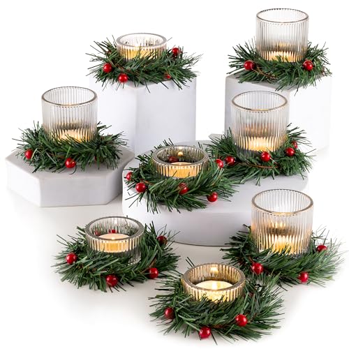 Glasseam Teelichtgläser Weihnachten Teelichthalter Glas, 8er Set Klar Kerzenhalter Teelicht, Kleine Kerzenglas mit Kerzenring, Gerippt Votivkerzenhalter für Wohnzimmer Tisch Deko von Glasseam