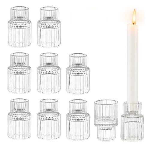 Glasseam Klein Stabkerzenhalter Glas, 10er Set Kerzenhalter für Stabkerzen, Gerippt Kerzenständer Weihnachten für Hochzeit Tischdeko, Chic Kerzenhalter Stabkerze für Halloween Geburtstag Deko von Glasseam