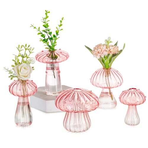 Glasseam Pilz Kleine Vasen für Deko: Cute Glas Vase Geschenk für Mama Freunde Pflanze Liebhaber - Mini Rosa Blumenvase Klein Propagation Station für Home Wohnzimmer Esstisch Fensterbank von Glasseam