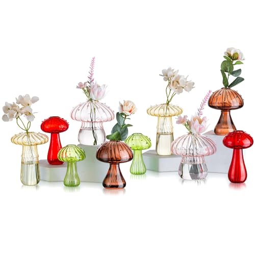 Glasseam Pilzförmige Glasvase, Deko Vase Bunt 10er Set, Blumenvase Modern, Kleine Vasen für Tischdeko, Pilz Vasen Glas Propagation Station für Schlafzimmer Tisch，Minivasen für Tischplatten Dekoration von Glasseam