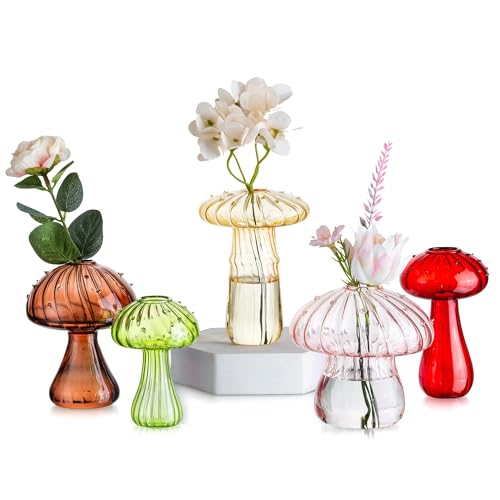 Glasseam Pilzförmige Glasvase, Deko Vase Bunt 5er Set, Blumenvase Modern, Kleine Vasen für Tischdeko, Pilz Vasen Glas Propagation Station für Schlafzimmer Tisch，Minivasen für Tischplatten Dekoration von Glasseam