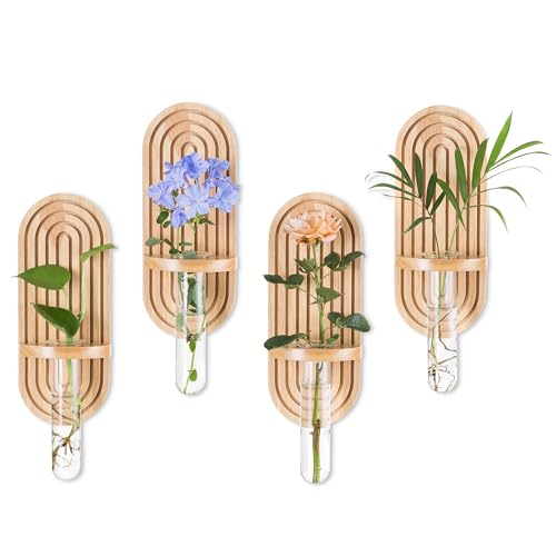 Glasseam Propagation Station Reagenzglas Vase, 4 Stück Boho Pflanzen Terrarium Deko Vasen Set, Holzrahmen mit Kleine Glasvasen Reagenzgläser für Blumen, Blumenvase Modern Wandvase für Wohnzimmer von Glasseam