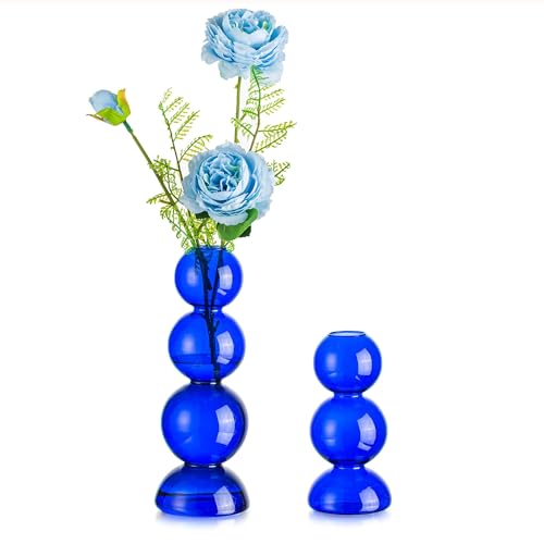 Glasseam Runde Vase Glas, Lieblich Dunkel Blaue Vase, 2 Stück Blumenvase Modern Kugelvase, Aesthetic Tulpenvase Glas Hydroponic Vase, Kreative Vasenset Glasvasen für Tischdeko Wohnzimmer Couchtisch von Glasseam