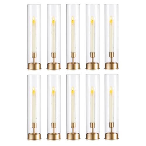 Glasseam Stabkerzenhalter Windlicht Glas, 10er Set Kerzenständer Gold mit Glaszylinder, Metall Kerzenhalter für Stabkerzen Hochzeit, Modern Hoch Windlichter Weihnachten für Wohnzimmer Haus Tischdeko von Glasseam