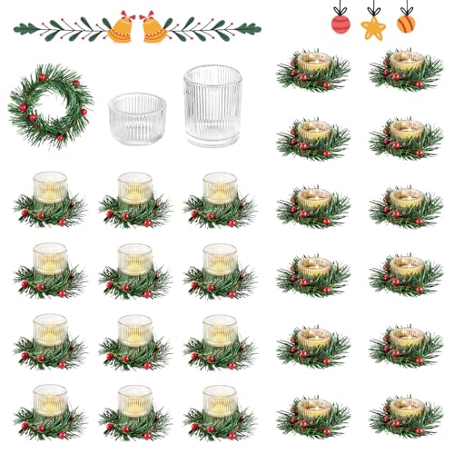 Glasseam Teelichthalter Weihnachten Kerzenhalter Glas, 24er Set Kerzengläser Klein Teelichtglas, Gerippt Teelichtgläser mit Kerzenring, Vintage Teelicht Gläser für Esstisch Tischdeko von Glasseam
