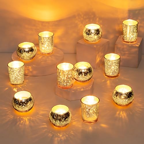 Glasseam Teelichthalter Glas, Kerzenhalter Silber 12er Set, Crackle Kerzengläser, Chic Teelichtgläser Weihnachten für Tischdeko, Teelichtglas Klein Votivkerzenhalter für Geburtstag Party Hochzeit von Glasseam