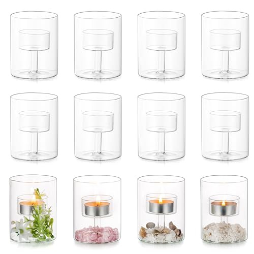 Glasseam Teelichthalter Glas für Votivkerzen, Zylinder Kerzenhalter Teelicht 12er für Hochzeit Tischdeko, Modern Kerzenglas Glaszylinder mit Boden Deko Weihnachten, Teelichter Gläser für Kerzen Set von Glasseam