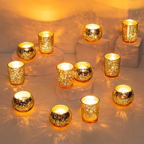 Glasseam Teelichthalter Gold, 12er Set Teelichtgläser, Crackle Kerzenhalter Weihnachten, Kerzengläser Vintage für Hochzeit Dekoration, Glitzer Teelichter Glas für Halloween Wohnzimmer Tafelkerzen von Glasseam