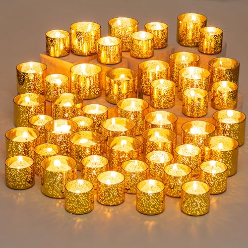 Glasseam Teelichthalter Gold Kerzengläser Satz von 48, Crackle Teelichtgläser Klein für Hochzeit Tisch, Glitzer Teelichter Glas Dekorative Kerzenhalter Teelicht für Haus Halloween Dekoration von Glasseam