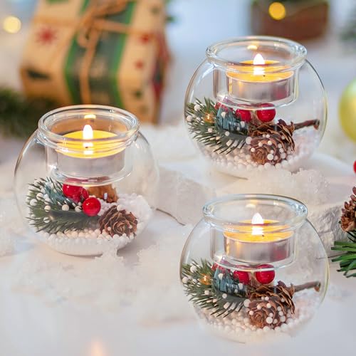 Glasseam Teelichthalter Weihnachten Teelichtgläser: 3er Set Kerzengläser mit Rote Beeren Tannenzapfen Kerzenhalter Glas für Weihnachtsdeko Tisch Windlicht Kerzenglas für Esstisch Party Geschenk von Glasseam
