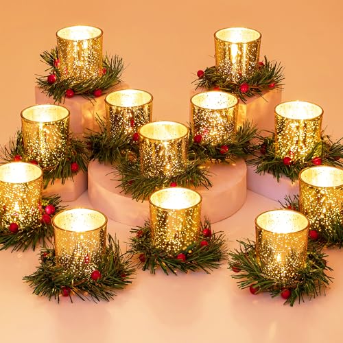 Glasseam Teelichthalter Weihnachten Tischdeko Teelichtgläser: 12er Set Kerzenhalter Gold mit Weihnachtskranz Teelichtglas für Weihnachtsdeko Tisch Kerzengläser Kerzenglas für Esstisch Party Deko Glasseam Teelichthalter Weihnachten Tischdeko Teelichtgläser: 12er Set Kerzenhalter Gold mit Weihnachtskranz Teelichtglas für Weihnachtsdeko Tisch Kerzengläser Kerzenglas für Esstisch Party Deko von Glasseam