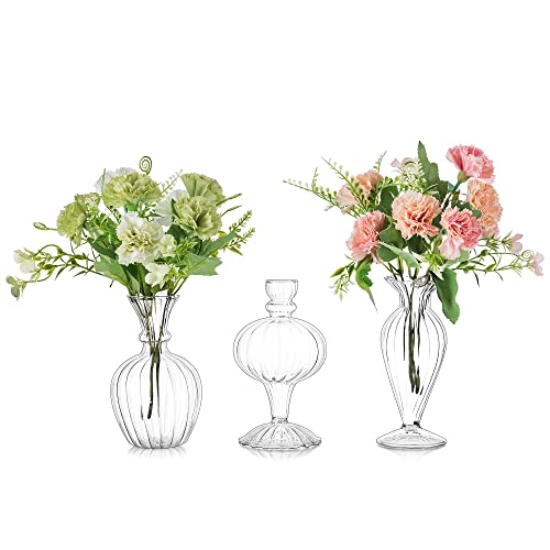 Glasseam Vintage Kleine Vase Glas Set 3er Handmade: Vasen Mini Blumenvase Klein Klar Aesthetic Schmale Glasvase für Tischdeko Tischvase Glasvasenset für Hochzeit Wohnzimmer Trockenblumen Rose Blumen von Glasseam