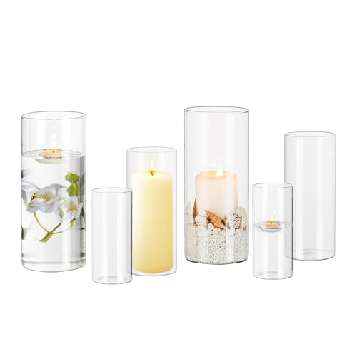 Glasseam Windlicht Glas Kerzenhalter Stumpenkerzen: 6er Glaszylinder mit Boden Kerzenständer Stumpenkerzen mit Eukalyptus Kranz für Tischdeko Klar Kerzengläser Vase für Hochzeit Weihnachten Deko von Glasseam