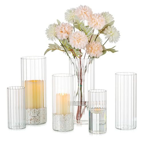 Glasseam Windlicht Glas Kerzenhalter Stumpenkerzen: 6er Glaszylinder mit Boden für Kerzen Kerzenständer Weihnachten Kerzengläser Hochzeit Windlichter Set Glasvase Zylinder für Hochzeit Tischdeko Deko von Glasseam